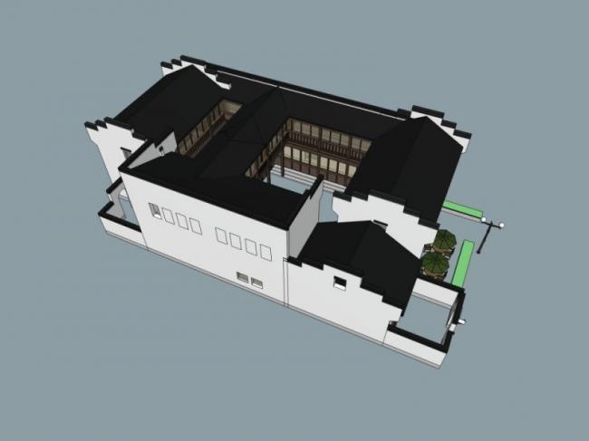 Sketchup别墅模型|四合院，现代中式风格
