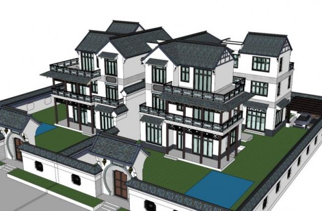 Sketchup别墅模型|徽派双拼别墅，现代中式风格