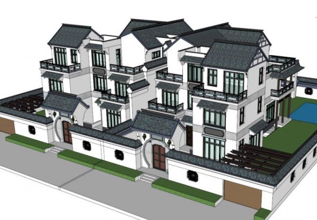 Sketchup别墅模型|徽派双拼别墅，现代中式风格