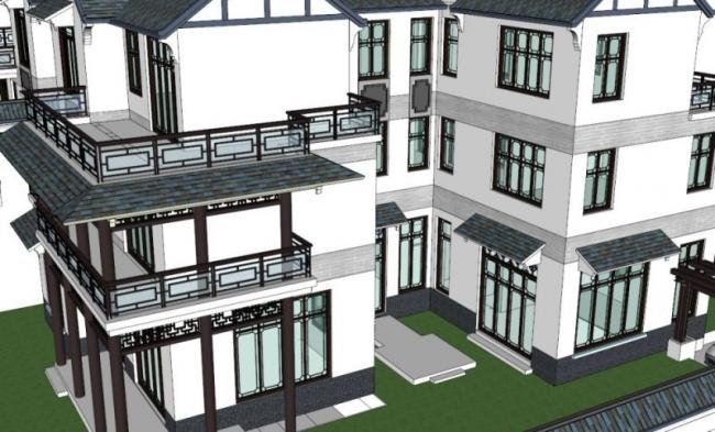 Sketchup别墅模型|徽派双拼别墅，现代中式风格
