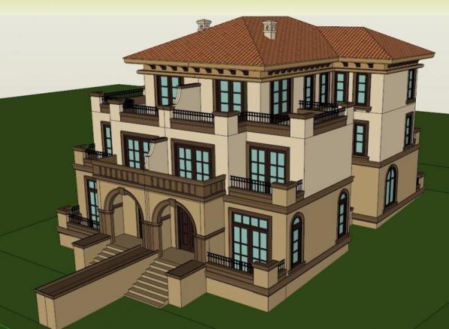 Sketchup别墅模型|双拼别墅，托斯卡纳风格，古典风格