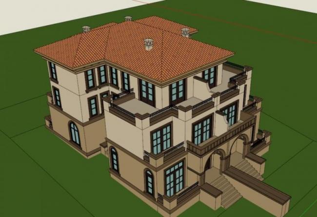 Sketchup别墅模型|双拼别墅，托斯卡纳风格，古典风格