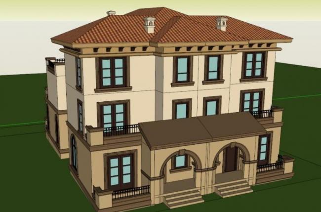 Sketchup别墅模型|双拼别墅，托斯卡纳风格，古典风格