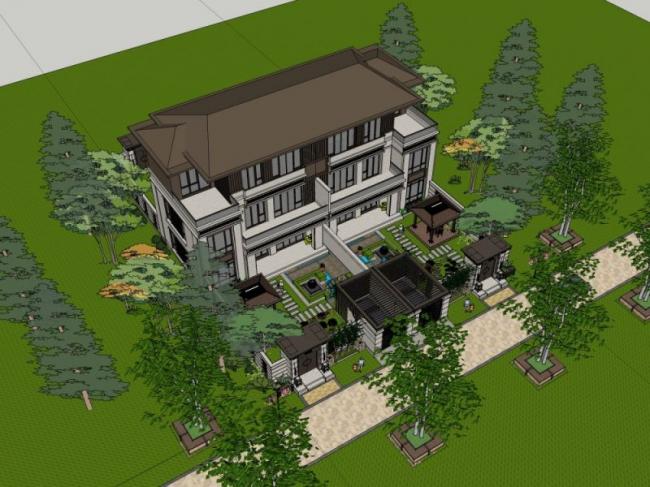 Sketchup别墅模型|双拼别墅，西方新古典风格