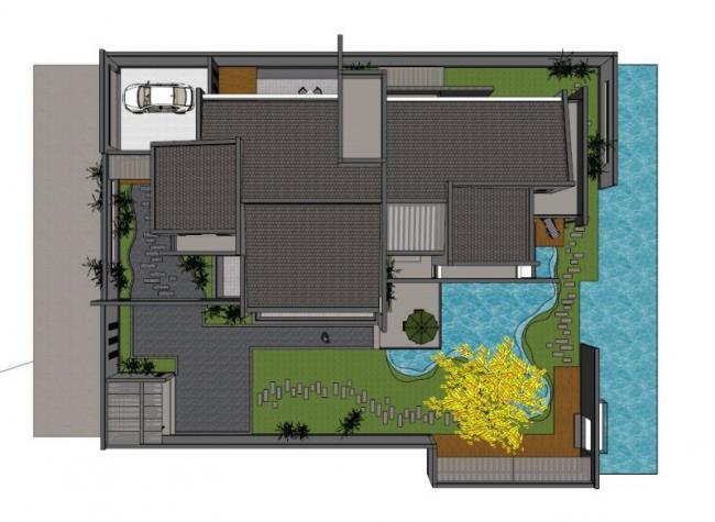 Sketchup别墅模型|独栋别墅，白墙灰瓦，外墙围合，现代中式风格