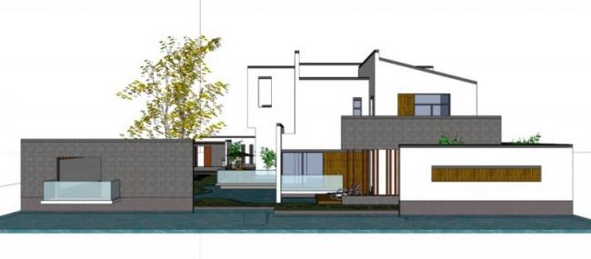 Sketchup别墅模型|独栋别墅，白墙灰瓦，外墙围合，现代中式风格