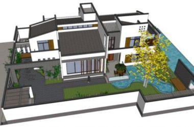 Sketchup别墅模型|独栋别墅，白墙灰瓦，外墙围合，现代中式风格-BIM建筑网