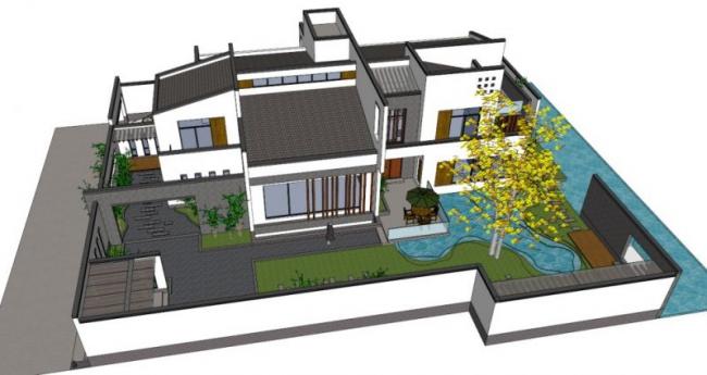 Sketchup别墅模型|独栋别墅，白墙灰瓦，外墙围合，现代中式风格