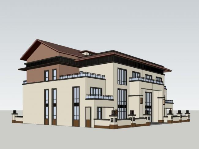 Sketchup别墅模型|独栋别墅，现代中式风格