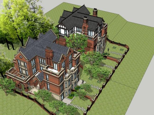 Sketchup别墅模型|双拼别墅，叠拼别墅，古典风格
