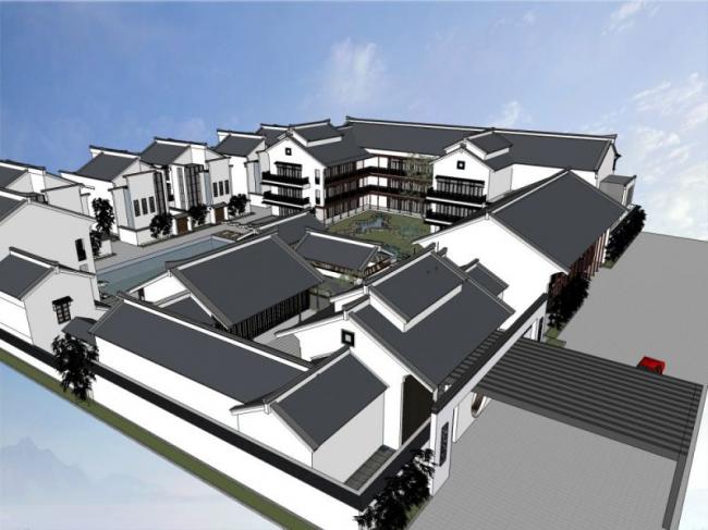 Sketchup别墅模型|联排别墅，庭院，中式风格