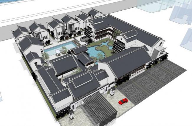Sketchup别墅模型|联排别墅，庭院，中式风格