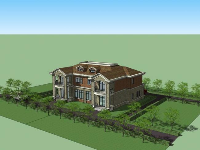 Sketchup别墅模型|双拼别墅，西方新古典