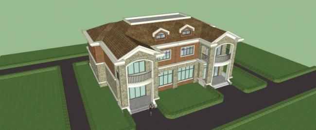 Sketchup别墅模型|双拼别墅，西方新古典