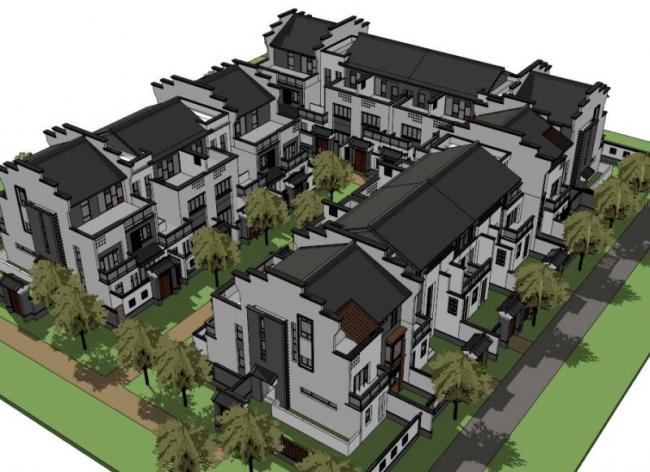 Sketchup别墅模型|徽派合院别墅