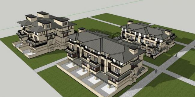 Sketchup别墅模型|联排别墅，现代风格