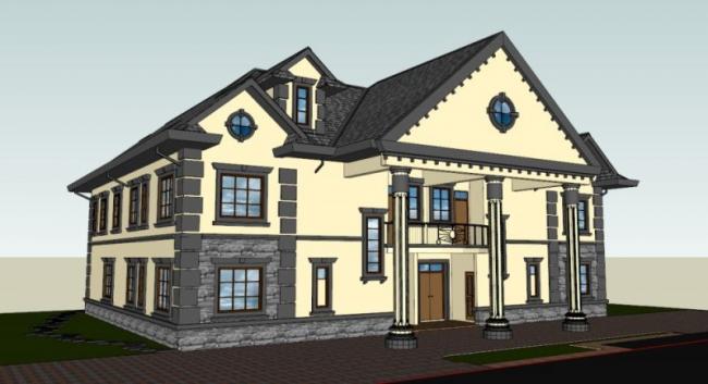 Sketchup别墅模型|双拼别墅，古典风格