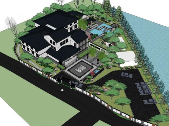 Sketchup别墅模型|叠拼别墅，私家园林，现代中式风格