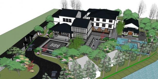 Sketchup别墅模型|叠拼别墅，私家园林，现代中式风格