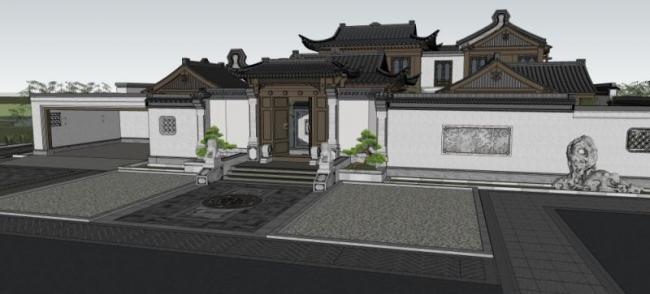 Sketchup别墅模型|叠拼别墅，中式风格