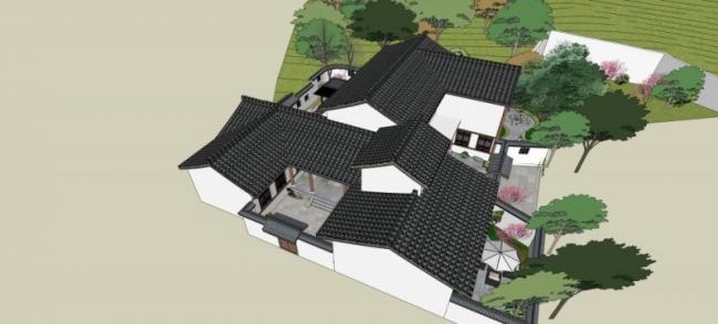 Sketchup别墅模型|叠拼别墅，中式风格
