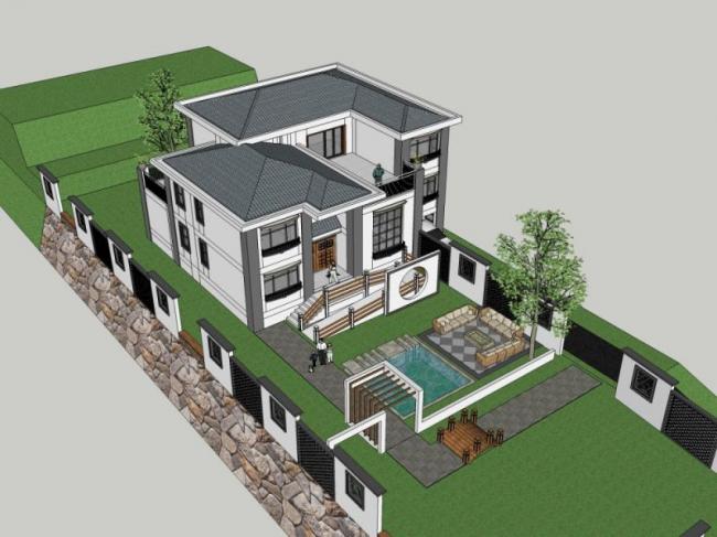 Sketchup别墅模型|独栋别墅，现代中式风格
