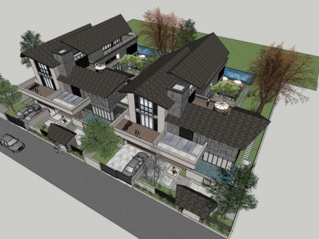 Sketchup别墅模型|双拼别墅，现代中式风格