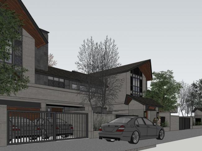 Sketchup别墅模型|双拼别墅，现代中式风格