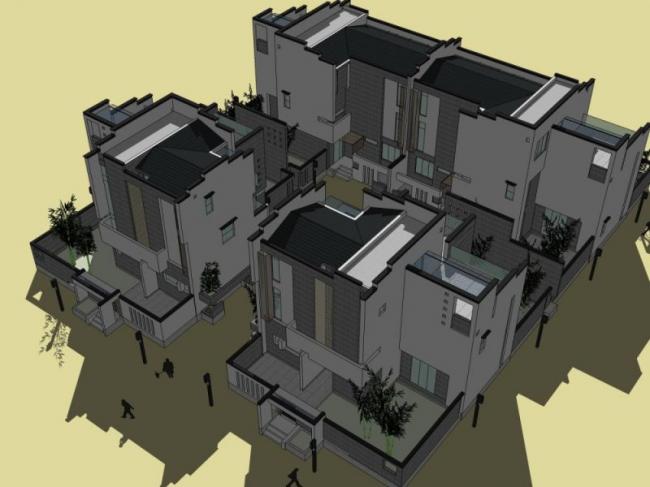 Sketchup别墅模型|联排别墅，中式风格
