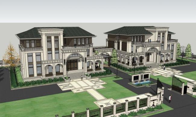 Sketchup别墅模型|双拼别墅，古典风格