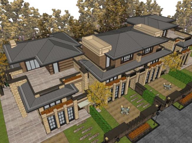 Sketchup别墅模型|双拼别墅，现代风格