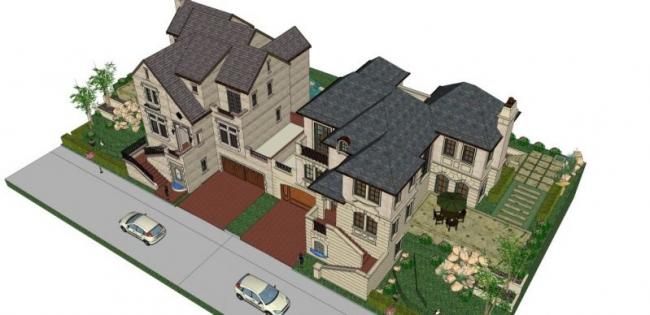 Sketchup别墅模型|双拼别墅，现代风格