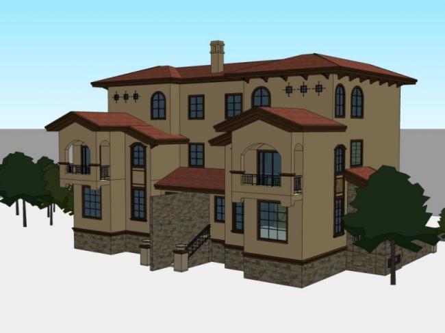 Sketchup别墅模型|双拼别墅，古典风格