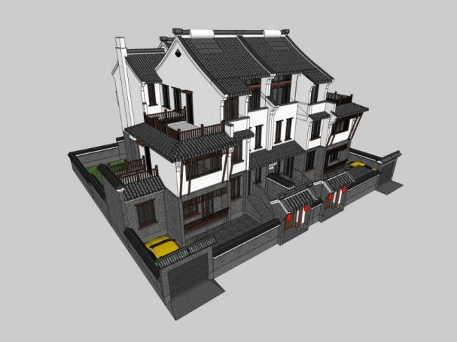 Sketchup别墅模型|双拼别墅，现代中式风格