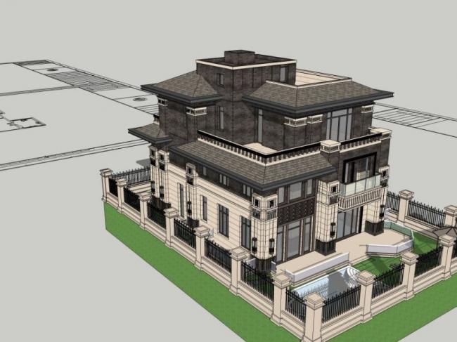 Sketchup别墅模型|独栋别墅，现代中式风格