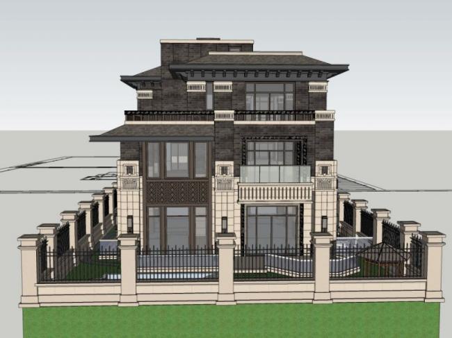 Sketchup别墅模型|独栋别墅，现代中式风格