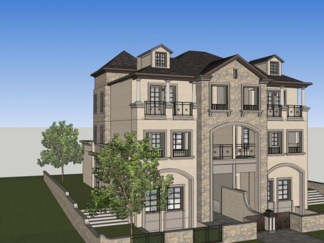 Sketchup别墅模型|双拼别墅，现代风格