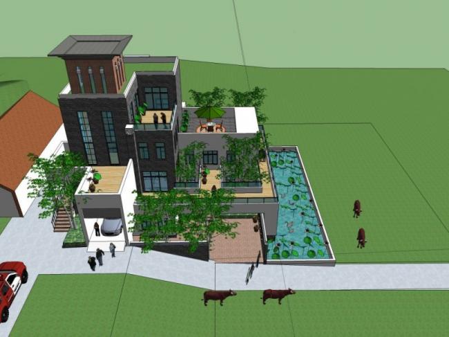 Sketchup别墅模型|叠拼别墅，现代风格