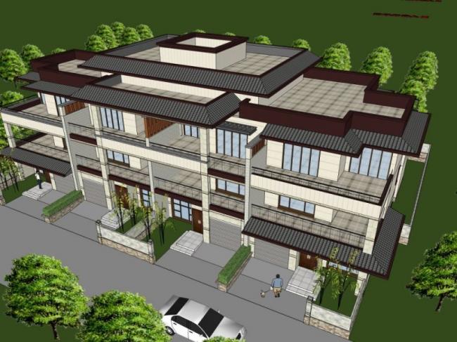 Sketchup别墅模型|联排别墅，现代风格