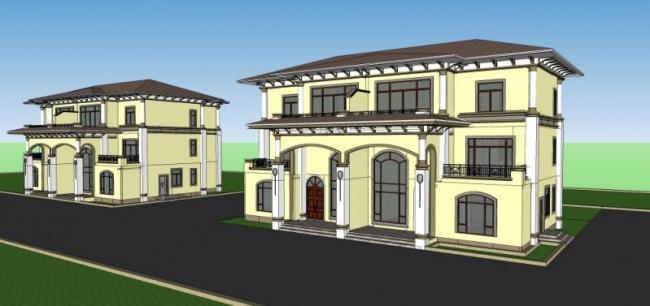 Sketchup别墅模型|双拼别墅，现代风格