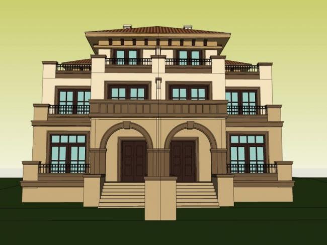 Sketchup别墅模型|双拼别墅，现代风格