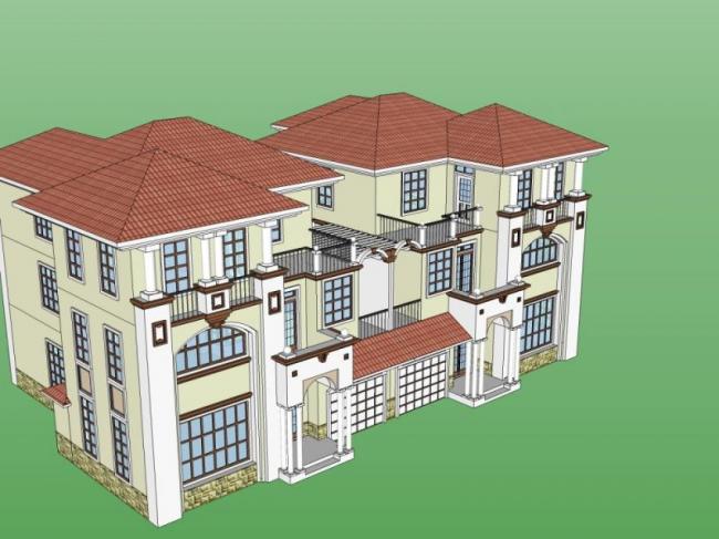 Sketchup别墅模型|双拼别墅，欧式古典风格