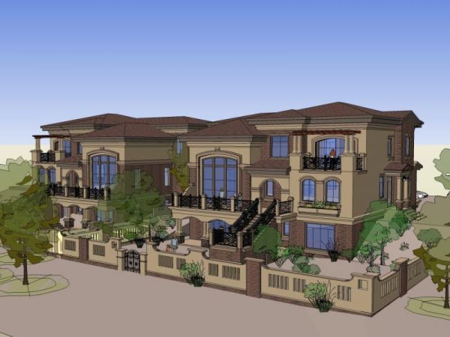 Sketchup别墅模型|双拼别墅，欧式古典风格