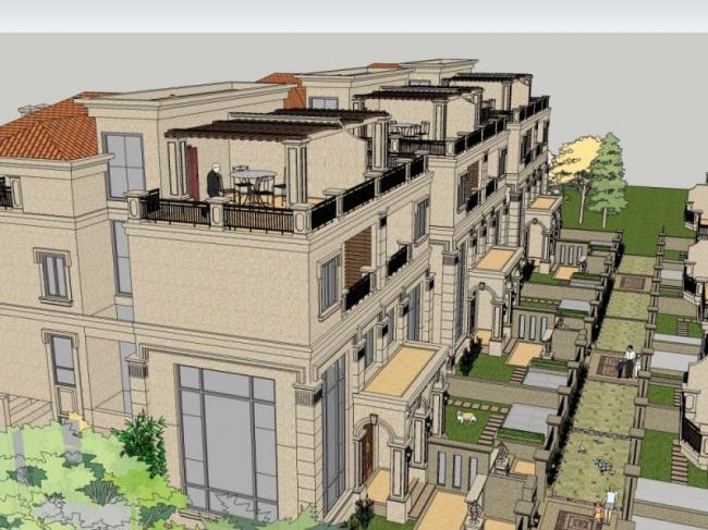 Sketchup别墅模型|联排别墅，现代风格
