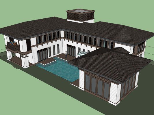 Sketchup别墅模型|独栋别墅，现代中式风格
