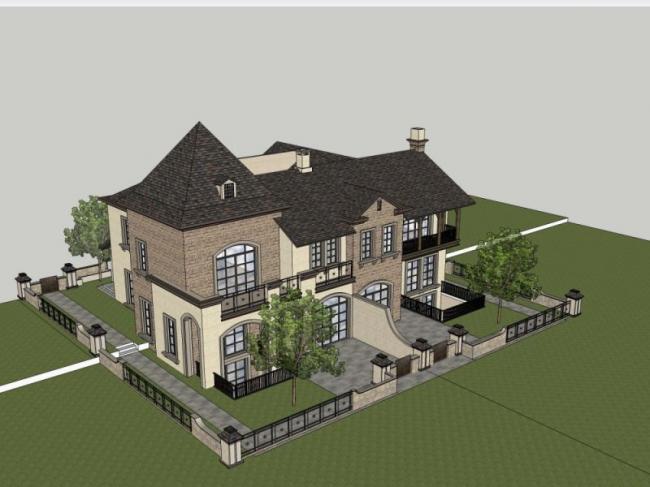 Sketchup别墅模型|双拼别墅，法式风格