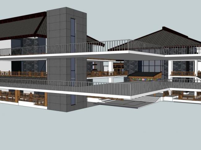 Sketchup别墅模型|度假村别墅，现代中式风格