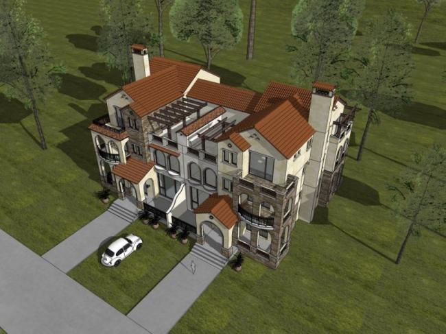 Sketchup别墅模型|双拼别墅，现代风格