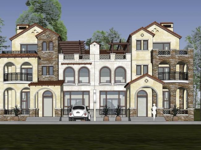 Sketchup别墅模型|双拼别墅，现代风格