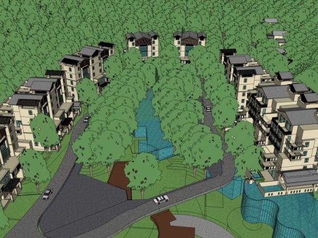 Sketchup别墅模型|联排别墅，温泉别墅区，现代风格